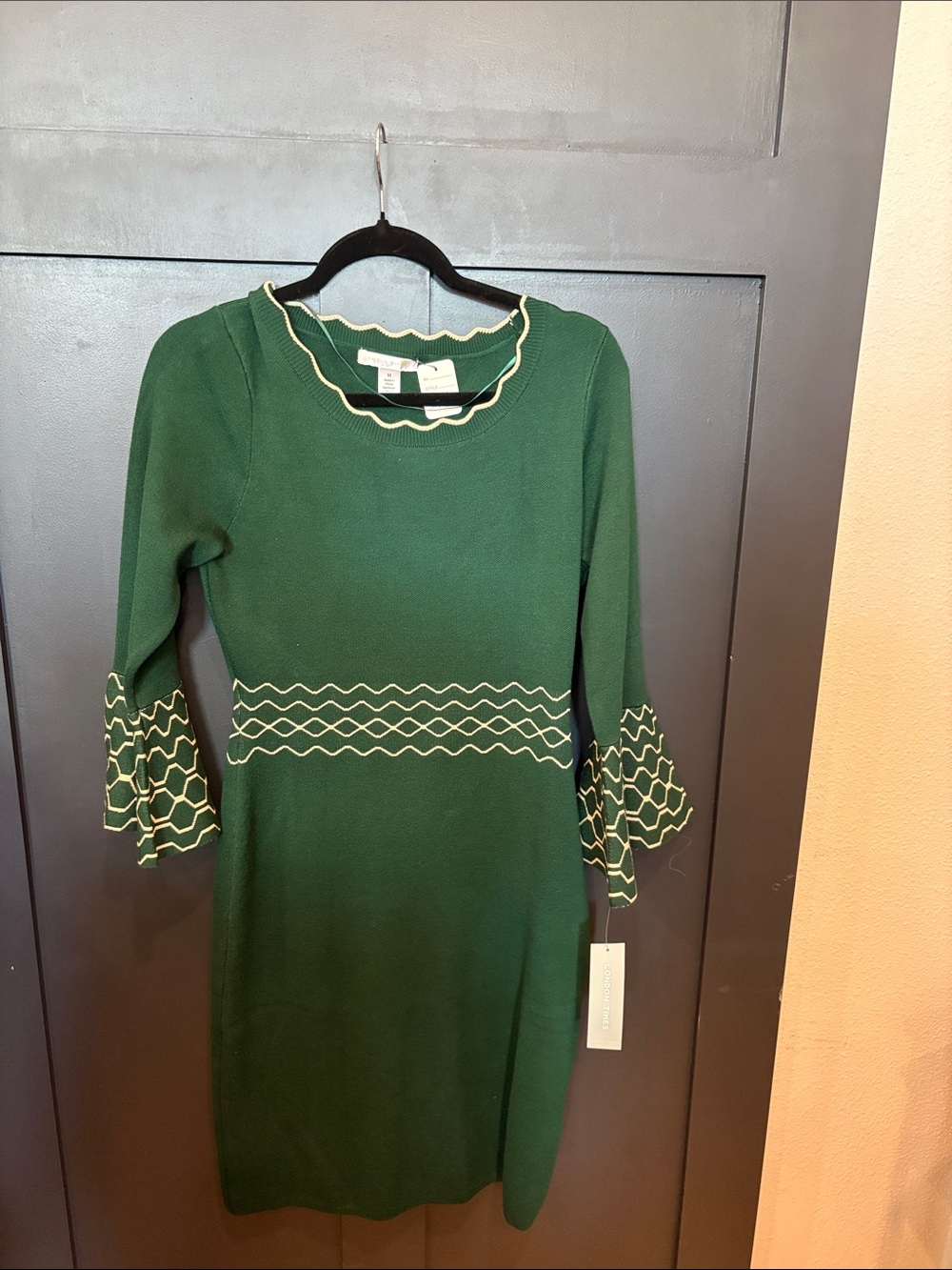 727. London Times Forest Green Knit Midi Dress with Cream Trim